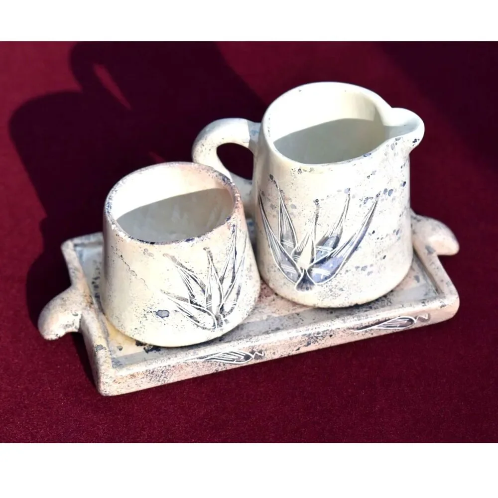 Artisan Stoneware Cream Sugar Tray Set 3 Piece Blue Speckled Wheat Design